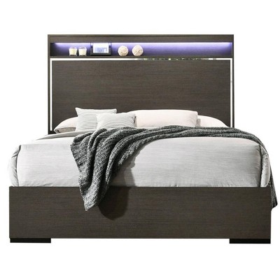 Queen Gray Oak Upholstered Bed with LED Headboard