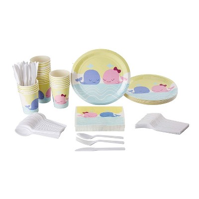 Blue Panda 144 Pieces Pink & Blue Whale Party Supplies- Disposable Plates, Napkins, Cups & Cutlery (24 Guests)