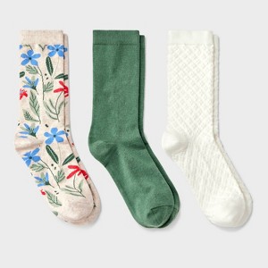 Women's Floral 3pk Crew Socks - A New Day™ Oatmeal Heather/Green/Ivory 4-10 - 1 of 3