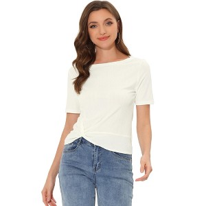 Allegra K Women's Summer Casual Boat Neck Short Sleeve Twist Knot Crop T-Shirt - 1 of 4