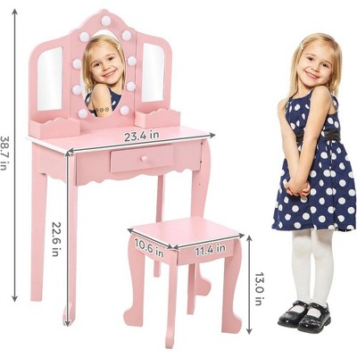 Kids Dressing Table Stool Set, Girls'Vanity Table, Three Mirror Dressing Table with Lamp, Wood Makeup Playset Toy for Age 4-9