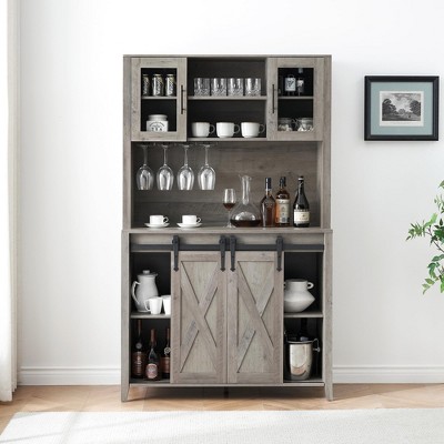 70 Inch Tall Wine Bar Cabinet,Modern Wood Fluted Design,Tall Sideboard Buffet with Sliding Barn Door