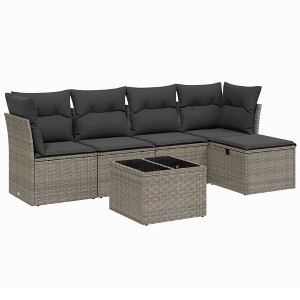 vidaXL 6 Piece Patio Sofa Set with Cushions Gray Poly Rattan - Gray without storage 6 Piece - 1 of 4