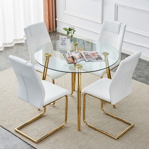 VYNXARIA Table and chair set,circular dining table,glass tabletop with a diameter of 40 inches and gold-plated metal legs,paired with 4 white chairs - 1 of 4