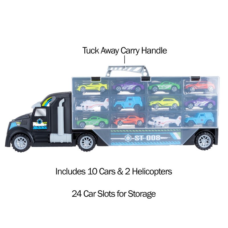 Toy Time Semi-Truck Car Carrier - Holds 24 Vehicles- Includes 10 Cars, 2 Helicopters, Storage Case with Carry Handle, 3 of 7