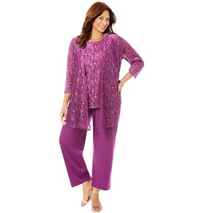 Catherines Women's Plus Size Luna Lace 3-Piece Pant Set - 18 W, Berry Pink - 1 of 4