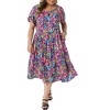 Women's Plus Size Floral Print Crew Neck Tulip Short Sleeve Flowy Summer A Line Midi Dresses with Pockert- Agnes Orinda - 2 of 4