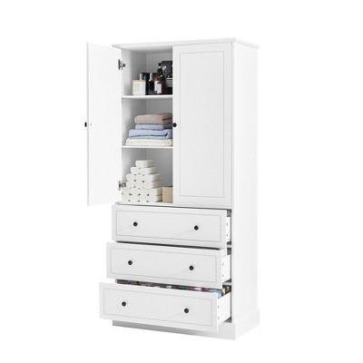 TiramisuBest Freestanding Bathroom Cabinet with Doors & 3 Drawers, Adjustable Shelves, Tall White Linen Tower for Bathroom or Laundry Room