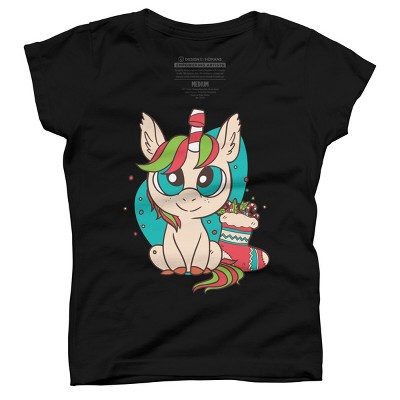 Girl's Design By Humans Christmas Candy Cane Unicorn With Stocking By rasok T-Shirt