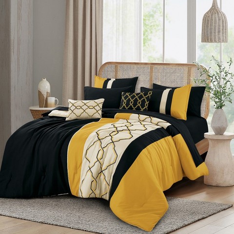 Home Mart Goods 9 Piece Bed-in-a-Bag Black Yellow Modern Solid Soft Bedding Comforter Set