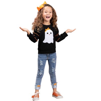 Toddlers Ruffle Sleeve Top & Distressed Jeans Set - Mia Belle Girls