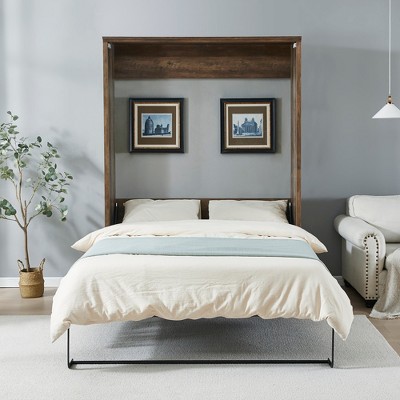 Queen Size Murphy Bed Wall Bed with Side Cabinet, Space-Saving Bed Perfect for Guest Room, Bed Room, Home Office, Rustic White/Brown -ModernLuxe