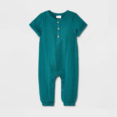 Image of Baby Henley Gauze Short Sleeve Romper - Cat & Jack™ Green 3-6M
