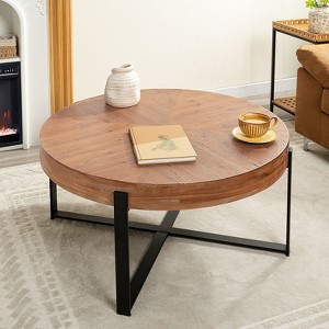 NicBex 31.5" Retro Round Table with Carved Pine Wood Top&Steel Crisscross Legs,Stylisg Accent End Table Center Table for Living Room,220lbs Max - 1 of 4