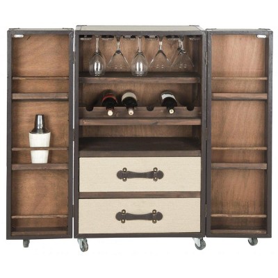Beige Linen and Vegan Leather Industrial Beverage Cabinet
