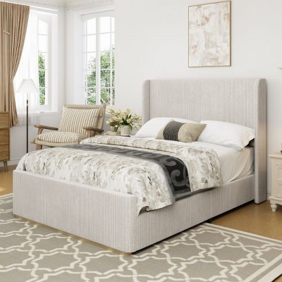 CAVINAS Queen Size Platform Beds, Corduroy Upholstered Bed Frame with Vertical Stripe Wingback Headboard and High Footboard