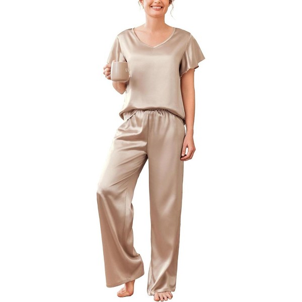Ekouaer Pijama de Satén Sedoso para Mujer, 2 Piezas, Camisa de Manga Corta con Pantalón Largo 7