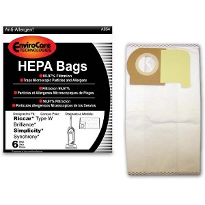 Envirocare Replacement HEPA Filtration Vacuum Cleaner Dust Bags made to fit Riccar Type W Brilliance and Simplicity Synchrony Vacuum Cleaners 6 pack - 1 of 4