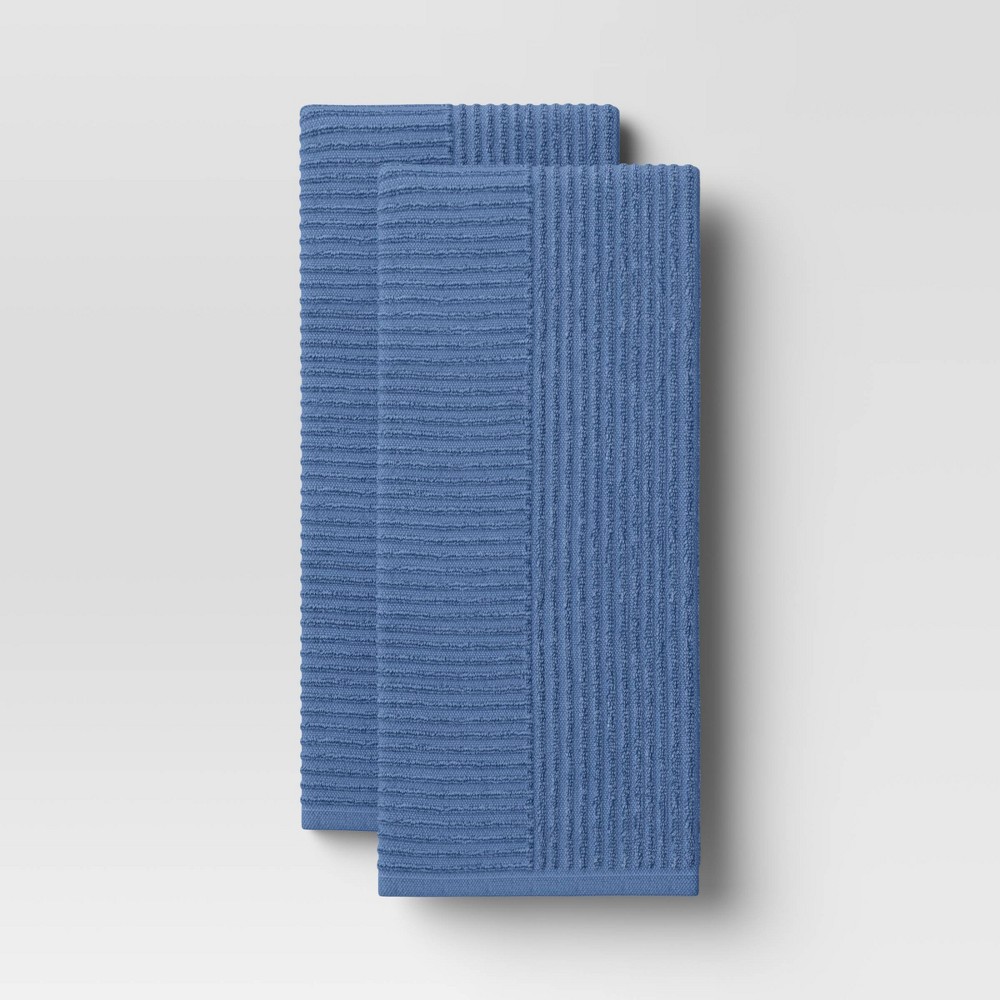 Photos - Towel 2pk Cotton Solid Ribbed Terry Kitchen  Blue - Threshold™