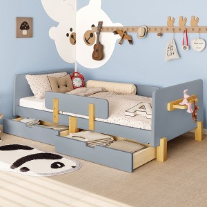 KWPZQEB Twin/Full Platform Bed Frame with 2 Drawers & Guardrail, Solid Wood Bed Frame for Kids, No Box Spring Needed, Easy Assembly - 1 of 4