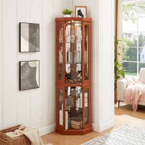 Lighted Corner Curio Cabinet with Side-Hinged Glass Doors and Adjustable Shelves, Elegant Display for Living Room, Bar, Wine, Antique Collections - 1 of 4