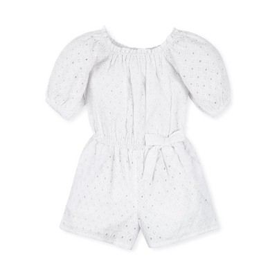 Hope & Henry Girls' Organic Cotton Puff Sleeve Eyelet Romper, Kids