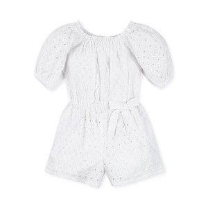 Hope & Henry Girls'  Cotton Puff Sleeve Eyelet Romper, Kids - 1 of 4