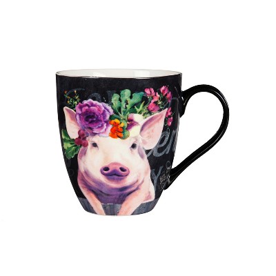 Evergreen Ceramic Cup O' Java, 17 OZ, Floral Pig