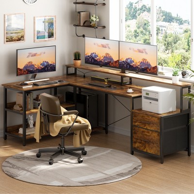 Aheaplus L-Shaped Computer Desk with Drawers and Monitor Shelf