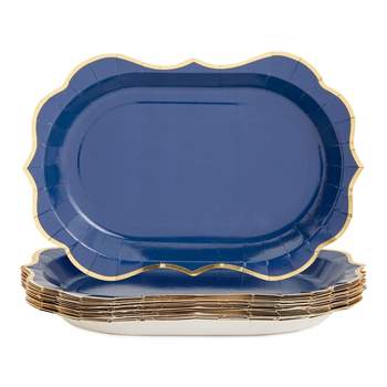 Sparkle and Bash 24 Pack Metallic Blue Paper Plates Serving Trays with Gold Foil Edge, Party Decorations & Supplies, 13 x 9 in