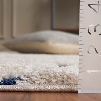 Cream and Blue Hand-Knotted Shag Runner Rug
