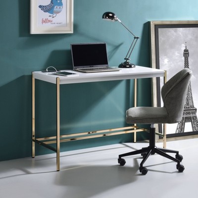 NicBex Home Office Desk 42.5" Modern Writing Desk with 4 Ports, Wooden Desktop and Gold Metal Legs for Office, Study, Living Room
