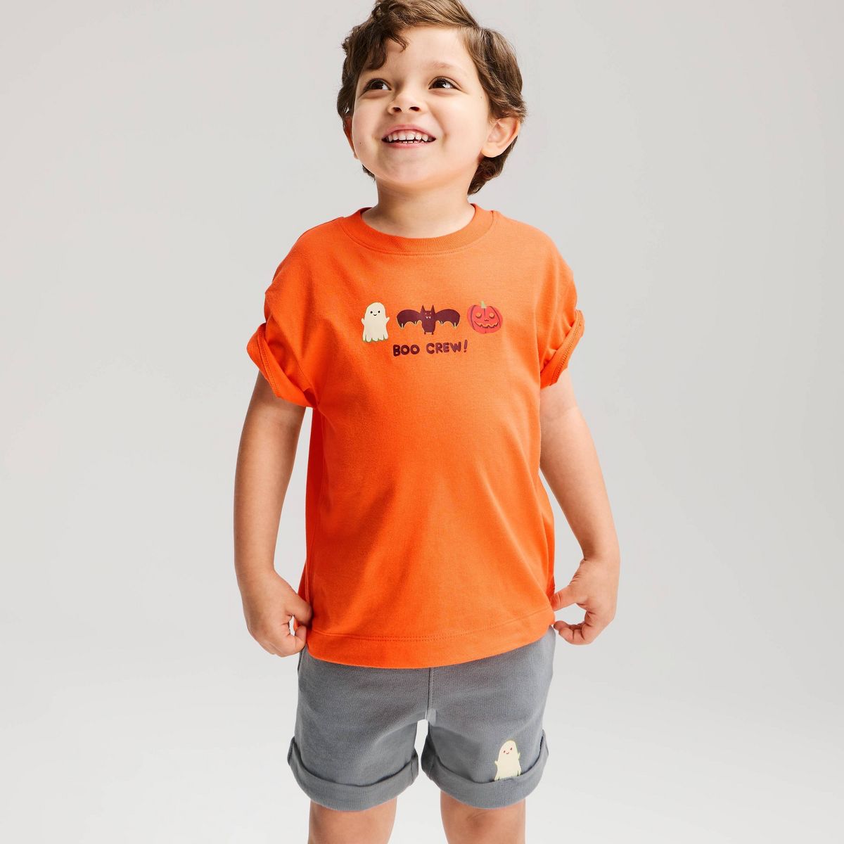 Toddler Boys' 2pc Halloween Boo French Terry Short Sleeve Top & Bottom Set - Cat & Jack™ Orange