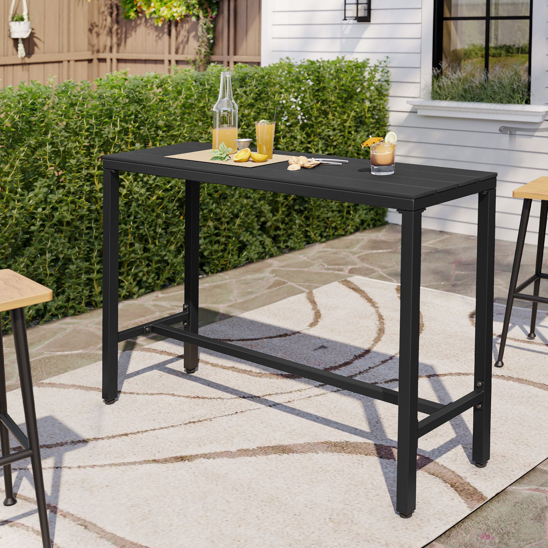 Pellebant 55in Outdoor Bar Table Rectangular Patio Counter Height Table Wood-Look Top Metal Frame Black