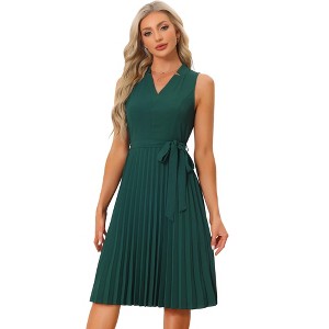 Allegra K Women's Sleeveless V Neck Tie Waist A-line Midi Pleated Dresses - 1 of 4