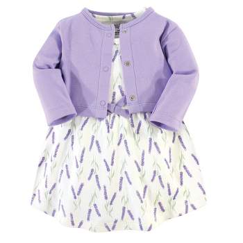 Touched by Nature Baby and Toddler Girl Organic Cotton Dress and Cardigan 2pc Set, Lavender