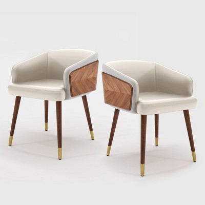 ARTPLAN Mid Century Modern Dining Chair Set of 2,Faux Leather Uphoolsted Accent Arm Chair,Walnut with Beech Feet for Dining Room/Home Office
