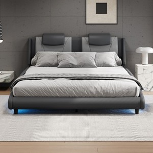 Gulches Modern Style Faux Leather Upholstered Platform Bed Frame with LED Light and Adjustable Headboard, No Box Spring Needed, Full Size, Grey - 1 of 4