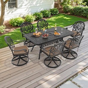 7-Piece Rectangle Cast Aluminum Outdoor Patio Dining Set with Swivel Chairs & Brown Cushions & Umbrella Hole - 1 of 4