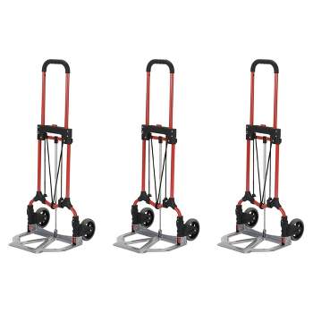 Magna Cart Personal MCI Folding Steel Luggage 160 lb. Capacity Hand Truck Cart w/Telescoping Handle & Ball Bearing Rubber Wheels, Red/Silver (3 Pack)