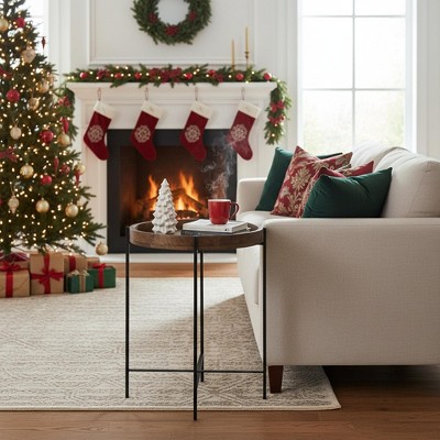 Homy Casa Round Wood Tray Top End Table with Black Metal Frame, Small Space, Holiday Gift, Walnut