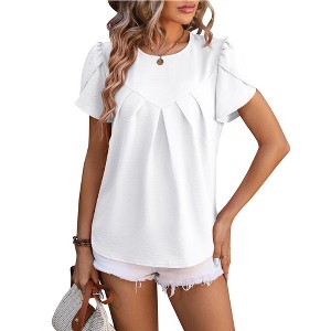Womens Casual Tops Yoke Front Pleated Shirts with Petal Sleeve Back Keyhole Short Sleeve Blouse Summer Tops - 1 of 4