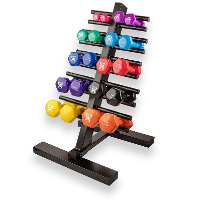 Opti 15kg 7 piece circular vinyl fixed dumbbell set with best sale storage tree