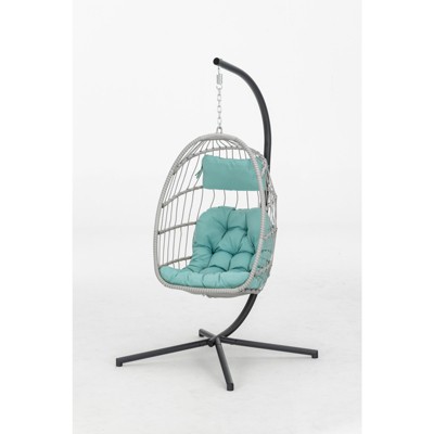VisioGear Patio Swing Egg Chairs with Cushion, Wicker Weaving Egg Chair, Hanging Chair for Living Room Balcony, Blue&Gray, 36.2"*77.2"*36.2"