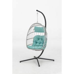 VisioGear Patio Swing Egg Chairs with Cushion, Wicker Weaving Egg Chair, Hanging Chair for Living Room Balcony, Blue&Gray, 36.2"*77.2"*36.2" - 1 of 4