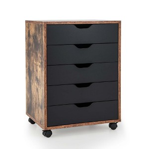 Costway 5 Drawer Chest Storage Dresser Floor Cabinet Organizer with Wheels Rustic Brown - 1 of 4
