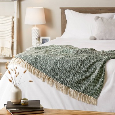 Hunter Green Diamond Cotton Fringe Throw Blanket 50"x60"