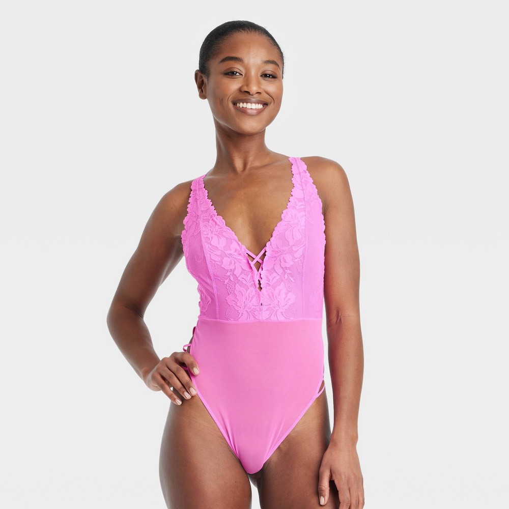 Women's Lace-Up Halter Lingerie Bodysuit - Auden™ Neon Pink XS