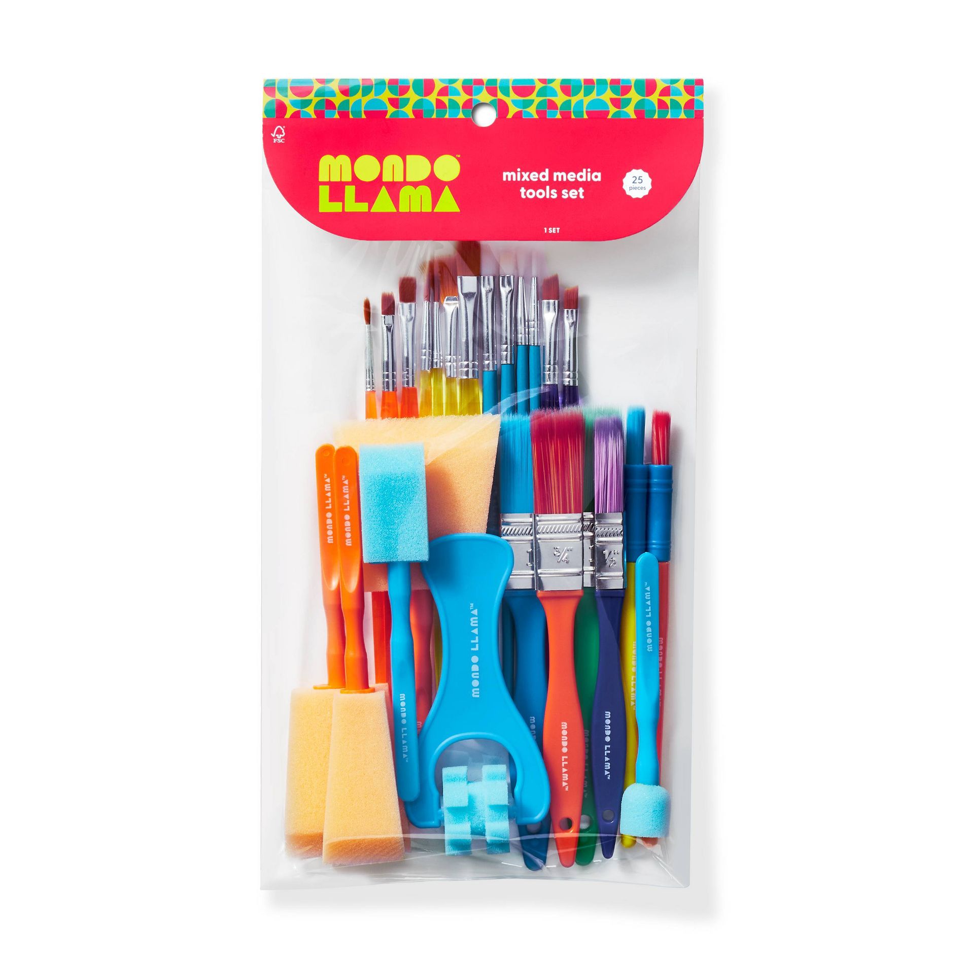 25pc Mixed Media Tools Set - Mondo Llama™: Artist Paint Brushes & Applicators, Nylon & Wood, Multicolor, 7" Length