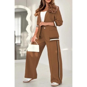 Clotth Women's Solid Color Ribbed Set - Lapel Tops And High Rise Straight Leg Pants, 2 Piece Set, Top set with Pockets - 1 of 4